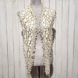 Women's Scarf Cream Beige Fringe Sheer Mesh Lace Cottage Boho Coastal Coquette